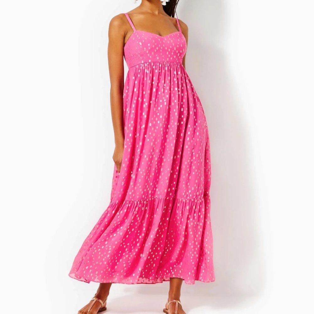 NWT Hiedi Maxi Dress - Aura Pink Viscose Metallic Clip Dobby - Lilly Pulitzer